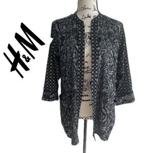 BOHO EMO BLACK & WHITE KIMONO BLOUSE 3/4 SLEEVE COLLARLESS SHAKET SZ 6 PREPPY